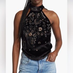 Free People Black Velvet Embroidered Halter Top